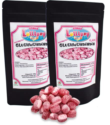 500g Leckere Glühwein Bonbons kandiert - Leckerei für die kalte Zeit - 2x250g Standbodenbeutel von Stalls Lollypop