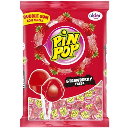 Pin Pop Erdbeer Lolly Lollipop mit Erdbeer Geschmack und Kaugummi Kern 192g von Steam-Time