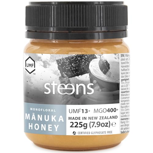 Steens Manuka Honey MGO 400 + - 225 g rein roher 100% zertifizierter UMF 13+ Manuka Honig - abgefüllt und versiegelt in Neuseeland - 225 g von Steens