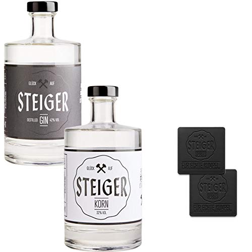 Geschenkset "Einsteiger" (1x 0,5l Steiger Distilled Gin, 1x 0,5l Steiger Korn & 2x Steiger Glasuntersetzer) von Steiger Spirits