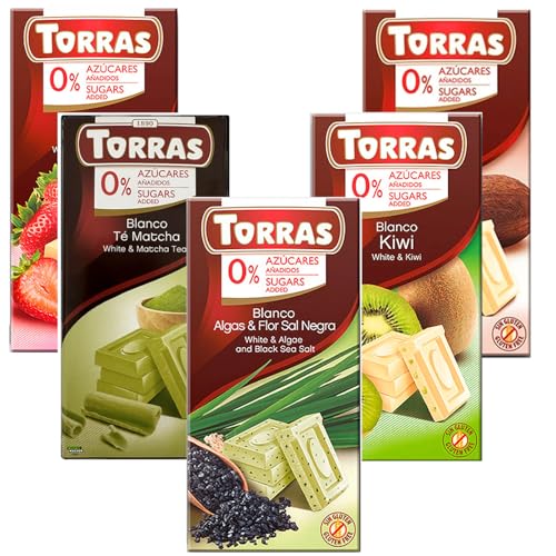 Torras weiße Schokolade zuckerfrei 5x 75g Probierset Erdbeere, Kiwi, Kokos, Matchatee, Algen & Meersalz von Sternfabrik