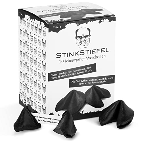 Stinkstiefel 10 schwarze Glückskekse - Made in Germany - Schwarzer Humor mit fiesen Sprüchen - Mitbringsel - Geburtstag – Silvester Geschenke klein von Stinkstiefel