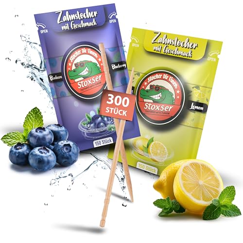 Stoxser 300x Zahnstocher mit Geschmack 2er Pack Geschmacksrevolution Zahnstocher Geschmack Kein Kaugummi Unterstützend zu Zahnpasta Zahnseide Zuckerfrei (300 Stück, Blaubeere und Zitrone/Lemon) von Stoxser