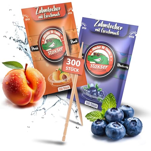 Stoxser 300x Zahnstocher mit Geschmack 2er Pack Geschmacksrevolution Zahnstocher Geschmack Kein Kaugummi Unterstützend zu Zahnpasta Zahnseide Zuckerfrei (300 Stück, Pfirsich und Blaubeere) von Stoxser