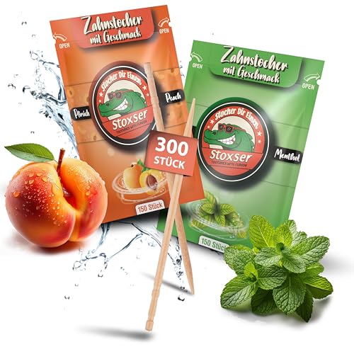 Stoxser 300x Zahnstocher mit Geschmack 2er Pack Geschmacksrevolution Zahnstocher Geschmack Kein Kaugummi Unterstützend zu Zahnpasta Zahnseide Zuckerfrei (300 Stück, Pfirsich und Mint/Menthol) von Stoxser