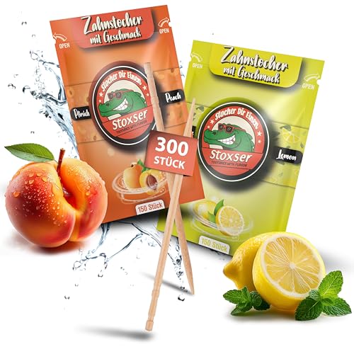 Stoxser 300x Zahnstocher mit Geschmack 2er Pack Geschmacksrevolution Zahnstocher Geschmack Kein Kaugummi Unterstützend zu Zahnpasta Zahnseide Zuckerfrei (300 Stück, Pfirsich und Zitrone/Lemon) von Stoxser