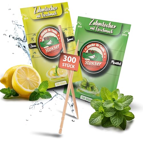 Stoxser 300x Zahnstocher mit Geschmack 2er Pack Geschmacksrevolution Zahnstocher Geschmack Kein Kaugummi Unterstützend zu Zahnpasta Zahnseide Zuckerfrei (300 Stück, Zitrone/Lemon und Mint/Menthol) von Stoxser