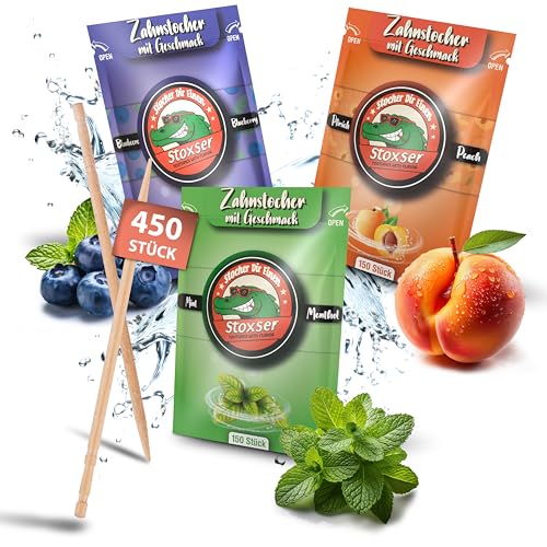 Stoxser 450x Zahnstocher mit Geschmack 3er Pack Geschmacksrevolution Zahnstocher Geschmack Kein Kaugummi Unterstützend zu Zahnpasta Zuckerfrei (450, Blaubeere und Pfirsich und Mint/Menthol) von Stoxser