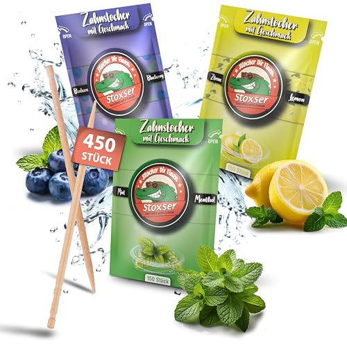 Stoxser 450x Zahnstocher mit Geschmack 3er Pack Geschmacksrevolution Zahnstocher Geschmack Kein Kaugummi Unterstützend zu Zahnpasta Zuckerfrei (450, Blaubeere und Zitrone/Lemon und Mint/Menthol) von Stoxser