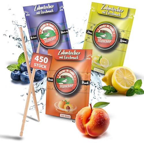 Stoxser 450x Zahnstocher mit Geschmack 3er Pack Geschmacksrevolution Zahnstocher Geschmack Kein Kaugummi Unterstützend zu Zahnpasta Zuckerfrei (450, Blaubeere und Zitrone/Lemon und Pfirsich) von Stoxser