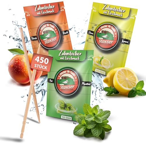 Stoxser 450x Zahnstocher mit Geschmack 3er Pack Geschmacksrevolution Zahnstocher Geschmack Kein Kaugummi Unterstützend zu Zahnpasta Zuckerfrei (450, Pfirsich und Zitrone/Lemon und Mint/Menthol) von Stoxser