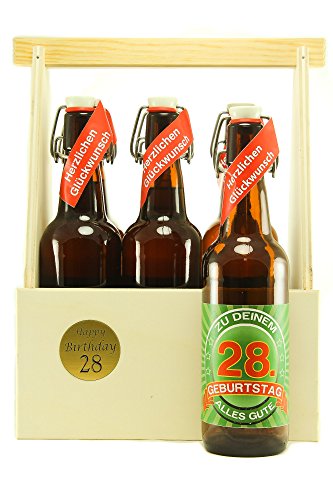 Bier Geschenk 6 er Holz Träger mit 6 Fl. Bier 28. Geburtstag von Axppin