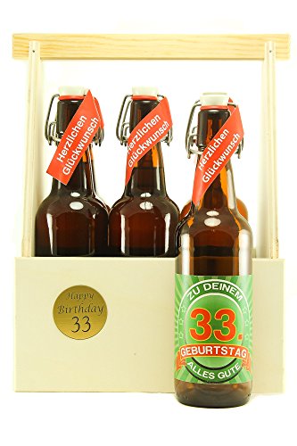 Bier Geschenk 6 er Holz Träger mit 6 Fl. Bier 33. Geburtstag von SünGross