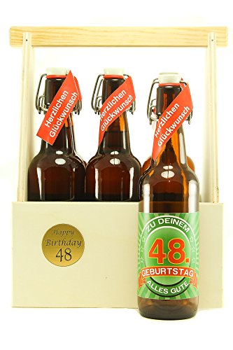 Bier Geschenk 6 er Holz Träger mit 6 Fl. Bier 48. Geburtstag von Axppin