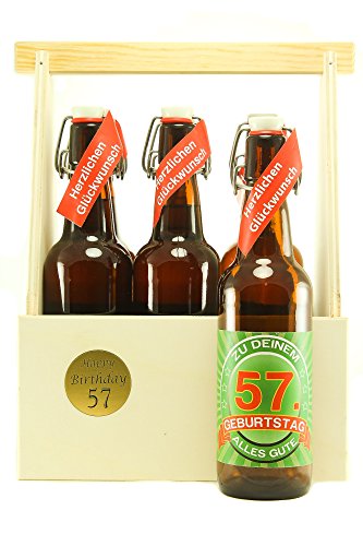 Bier Geschenk 6 er Holz Träger mit 6 Fl. Bier 57. Geburtstag von SünGross