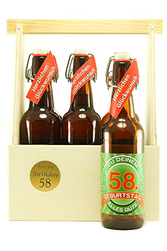 Bier Geschenk 6 er Holz Träger mit 6 Fl. Bier 58. Geburtstag von Axppin