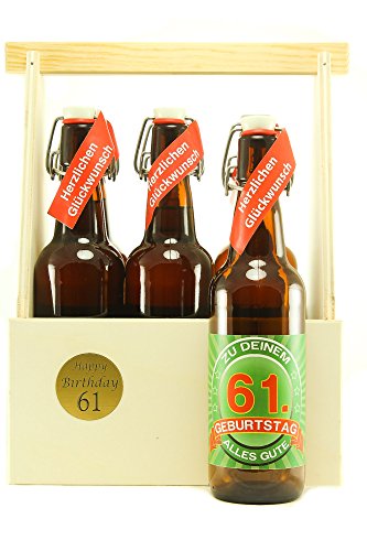 Bier Geschenk 6 er Holz Träger mit 6 Fl. Bier 61. Geburtstag von SünGross