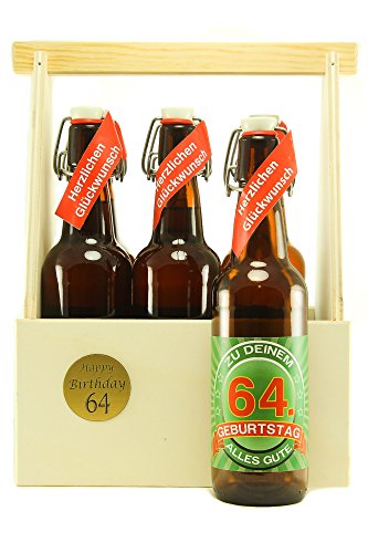 Bier Geschenk 6 er Holz Träger mit 6 Fl. Bier 64. Geburtstag von Axppin