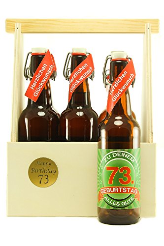 Bier Geschenk 6 er Holz Träger mit 6 Fl. Bier 73. Geburtstag von SünGross