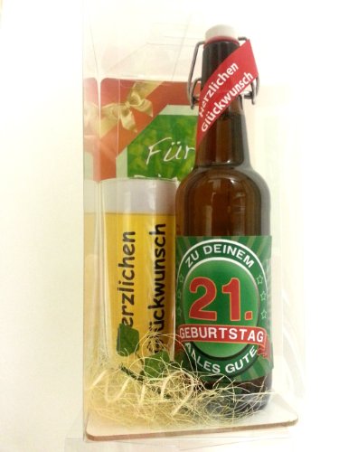 SünGross Geschenk Set, Bierset Bier Geschenk zum 21. Geburtstag das bei Frau und Mann Immer gut ankommt, Bierflasche mit Etikett, Glas Bierkrug und Geschenk Postkarte von SünGross