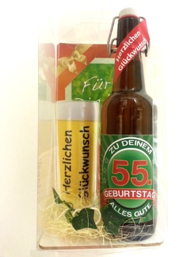 SünGross Geschenk Set, Bierset Bier Geschenk zum 55. Geburtstag das bei Frau und Mann Immer gut ankommt, Bierflasche mit Etikett, Glas Bierkrug und Geschenk Postkarte von SünGross