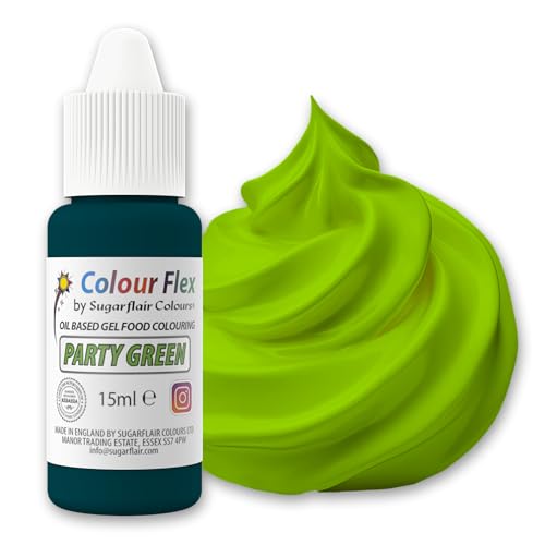 Colour Flex Party Green Ölbasiertes Lebensmittelfarbgel zum Färben von fettreichen Lebensmitteln, Buttercreme, Schokolade, Teigen, Fondant, Zuckerguss und mehr, 15 ml von Sugarflair Colours