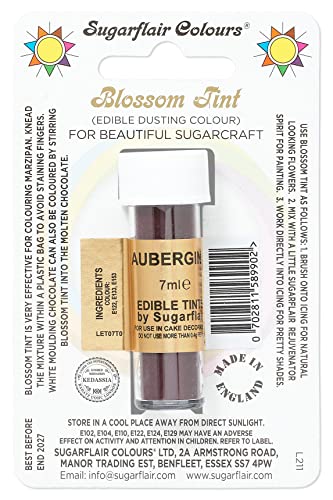 Sugarflair Blossom Tint Dusting Lebensmittelfarbe Pulver Aubergine - Lebensmittel Farbe Pulver zur Dekorationen Farbzuckerpaste, Fondant, Zuckerguss, Schokolade, Buttercreme, Macarons - 7ml von Sugarflair Colours