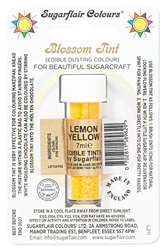 Sugarflair Blossom Tint Dusting Lebensmittelfarbe Pulver Lemon Yellow - Lebensmittel Farbe Pulver zur Dekorationen Farbzuckerpaste, Fondant, Zuckerguss, Schokolade, Buttercreme, Macarons - 7ml von Sugarflair Colours