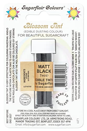 Sugarflair Blossom Tint Dusting Lebensmittelfarbe Pulver Matt Black - Lebensmittel Farbe Pulver zur Dekorationen Farbzuckerpaste, Fondant, Zuckerguss, Schokolade, Buttercreme, Macarons - 7ml von Sugarflair Colours