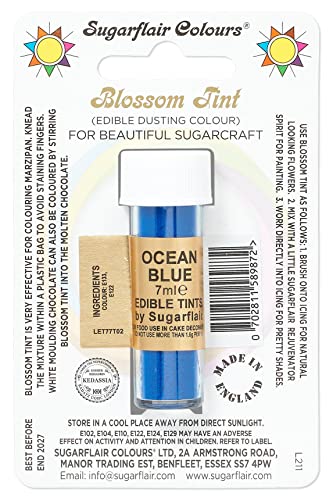 Sugarflair Blossom Tint Dusting Lebensmittelfarbe Pulver Ocean Blue - Lebensmittel Farbe Pulver zur Dekorationen Farbzuckerpaste, Fondant, Zuckerguss, Schokolade, Buttercreme, Macarons - 7ml von Sugarflair Colours