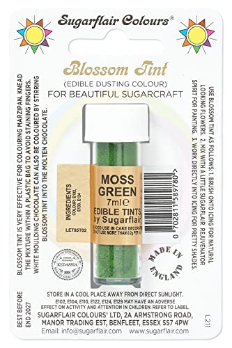 Sugarflair Blossom Tint Dusting Lebensmittelfarbe Pulver Moss Green - Lebensmittel Farbe Pulver zur Dekorationen Farbzuckerpaste, Fondant, Zuckerguss, Schokolade, Buttercreme, Macarons - 7ml von Sugarflair Colours