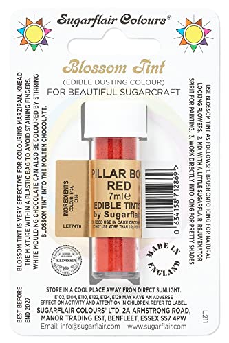 Sugarflair Blossom Tint Dusting Lebensmittelfarbe Pulver Pillar Box Red - Lebensmittel Farbe Pulver zur Dekorationen Farbzuckerpaste, Fondant, Zuckerguss, Schokolade, Buttercreme, Macarons - 7ml von Sugarflair Colours