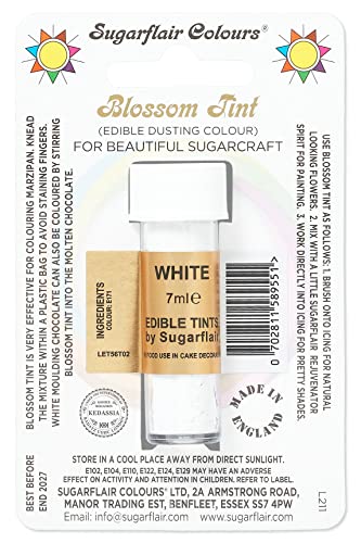 Sugarflair Blossom Tint Dusting Lebensmittelfarbe Pulver White - Lebensmittel Farbe Pulver zur Dekorationen Farbzuckerpaste, Fondant, Zuckerguss, Schokolade, Buttercreme, Macarons - 7ml von Sugarflair Colours