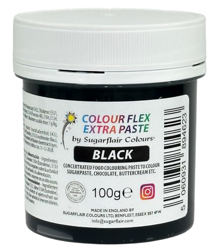 Sugarflair Colourflex Extra Paste Lebensmittelfarbe Paste Black - Essbare Lebensmittel Farbe für Buttercreme, Schokolade, Zuckerpaste, Zuckerguss, Fondant, Kuchenmischungen, Teig und mehr - 100g von Sugarflair Colours