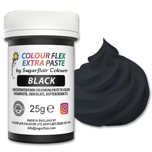 Sugarflair Colourflex Extra Paste Lebensmittelfarbe Paste Black - Essbare Lebensmittel Farbe für Buttercreme, Schokolade, Zuckerpaste, Zuckerguss, Fondant, Kuchenmischungen, Teig und mehr - 25g von Sugarflair Colours