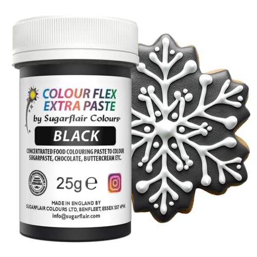 Sugarflair Colourflex Extra Paste Lebensmittelfarbe Paste Black - Essbare Lebensmittel Farbe für Buttercreme, Schokolade, Zuckerpaste, Zuckerguss, Fondant, Kuchenmischungen, Teig und mehr - 25g von Sugarflair Colours