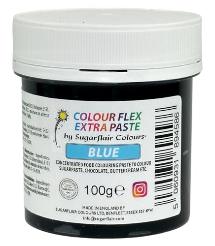 Sugarflair Colourflex Extra Paste Lebensmittelfarbe Paste Blue - Essbare Lebensmittel Farbe für Buttercreme, Schokolade, Zuckerpaste, Zuckerguss, Fondant, Kuchenmischungen, Teig und mehr - 100g von Sugarflair Colours