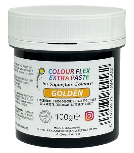 Sugarflair Colourflex Extra Paste Lebensmittelfarbe Paste Golden - Essbare Lebensmittel Farbe für Buttercreme, Schokolade, Zuckerpaste, Zuckerguss, Fondant, Kuchenmischungen, Teig und mehr - 100g von Sugarflair Colours