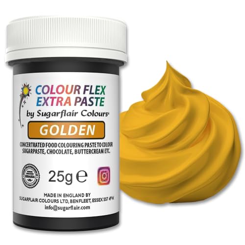 Sugarflair Colourflex Extra Paste Lebensmittelfarbe Paste Golden - Essbare Lebensmittel Farbe für Buttercreme, Schokolade, Zuckerpaste, Zuckerguss, Fondant, Kuchenmischungen, Teig und mehr - 25g von Sugarflair Colours