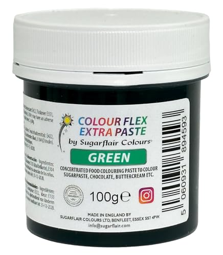 Sugarflair Colourflex Extra Paste Lebensmittelfarbe Paste Green - Essbare Lebensmittel Farbe für Buttercreme, Schokolade, Zuckerpaste, Zuckerguss, Fondant, Kuchenmischungen, Teig und mehr - 100g von Sugarflair Colours