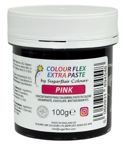 Sugarflair Colourflex Extra Paste Lebensmittelfarbe Paste Pink - Essbare Lebensmittel Farbe für Buttercreme, Schokolade, Zuckerpaste, Zuckerguss, Fondant, Kuchenmischungen, Teig und mehr - 100g von Sugarflair Colours