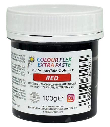 Sugarflair Colourflex Extra Paste Lebensmittelfarbe Paste Red - Essbare Lebensmittel Farbe für Buttercreme, Schokolade, Zuckerpaste, Zuckerguss, Fondant, Kuchenmischungen, Teig und mehr - 100g von Sugarflair Colours