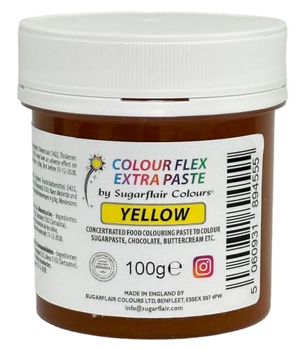 Sugarflair Colourflex Extra Paste Lebensmittelfarbe Paste Yellow - Essbare Lebensmittel Farbe für Buttercreme, Schokolade, Zuckerpaste, Zuckerguss, Fondant, Kuchenmischungen, Teig und mehr - 100g von Sugarflair Colours