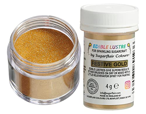 Sugarflair Edible Lustre Lebensmittelfarbe Glanzfarbe Festive Gold - Lebensmittel Glanzpulver für Kuchen, Cupcakes, Schokolade, Backwaren, Desserts, Eiscreme, Getränke, Cocktails und mehr - 4g von Sugarflair Colours