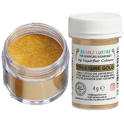 Sugarflair Edible Lustre Lebensmittelfarbe Glanzfarbe Glitter Treasure Gold - Lebensmittel Glanzpulver für Kuchen, Cupcakes, Schokolade, Backwaren, Desserts, Eiscreme, Getränke, Cocktails und mehr - 4g von Sugarflair Colours