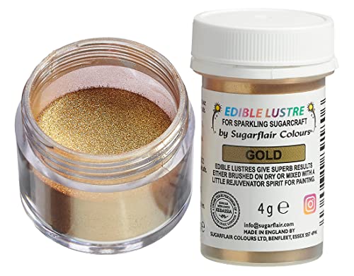 Sugarflair Edible Lustre Lebensmittelfarbe Glanzfarbe Gold - Lebensmittel Glanzpulver für Kuchen, Cupcakes, Schokolade, Backwaren, Desserts, Eiscreme, Getränke, Cocktails und mehr - 4g von Sugarflair Colours