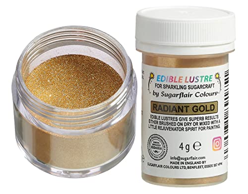 Sugarflair Edible Lustre Lebensmittelfarbe Glanzfarbe Radiant Gold - Lebensmittel Glanzpulver für Kuchen, Cupcakes, Schokolade, Backwaren, Desserts, Eiscreme, Getränke, Cocktails und mehr - 4g von Sugarflair Colours