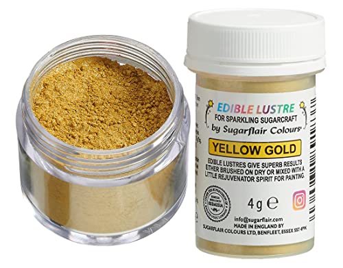 Sugarflair Edible Lustre Lebensmittelfarbe Glanzfarbe Yellow Gold - Lebensmittel Glanzpulver für Kuchen, Cupcakes, Schokolade, Backwaren, Desserts, Eiscreme, Getränke, Cocktails und mehr - 4g von Sugarflair Colours