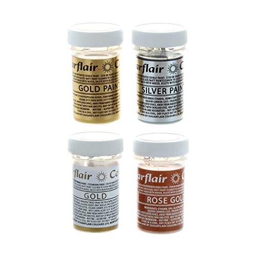 Sugarflair Gemischte Metallic Lebensmittelfarben Set/4, Lebensmittel Farbe für Fondant, Marzipan, Royal Icing und mehr, Mixed Metallic Paint - 4x20g von Sugarflair Colours