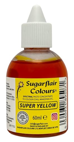 Sugarflair Lebensmittelfarbe Flüssig Super Yellow - Lebensmittel Farbe Hoch Konzentriert zum Färben von Zuckerpaste, Buttercreme, Zuckerguss, Macarons, Kuchendekorationen und mehr - 60ml von Sugarflair Colours